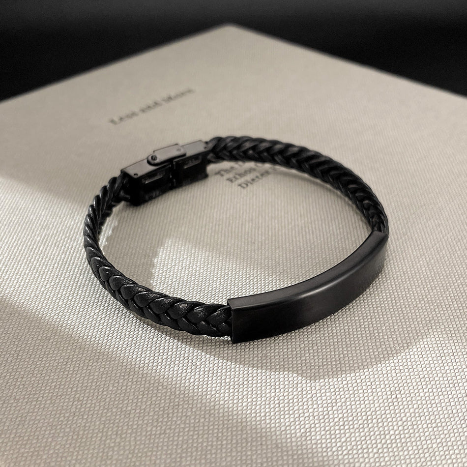 Men's Premium Retro Black Stainless Steel Woven Leather Bracelet