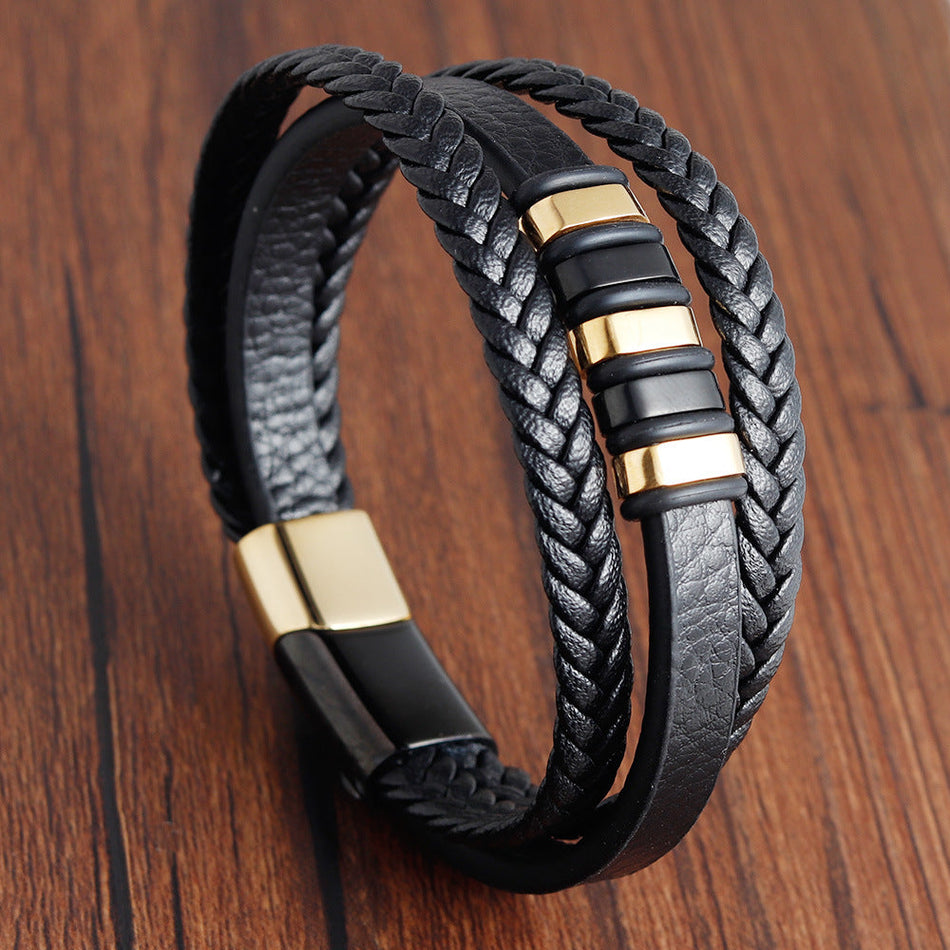 Men's Premium Multilayer Woven Leather & Stainless Steel Bracelet