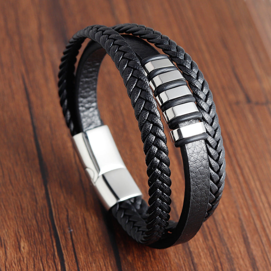 Men's Premium Multilayer Woven Leather & Stainless Steel Bracelet