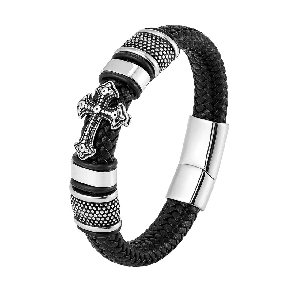 Men's Premium Vintage Cross Woven Leather & Stainless Steel