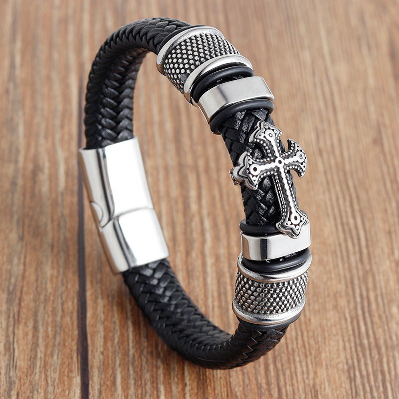 Men's Premium Vintage Cross Woven Leather & Stainless Steel