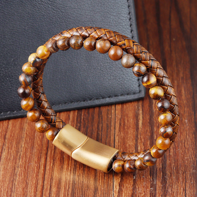 Men's Premium Multi-Layer Yellow Tiger Eye Stone & Woven Leather