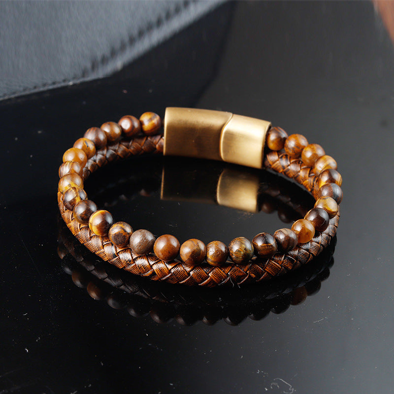 Men's Premium Multi-Layer Yellow Tiger Eye Stone & Woven Leather