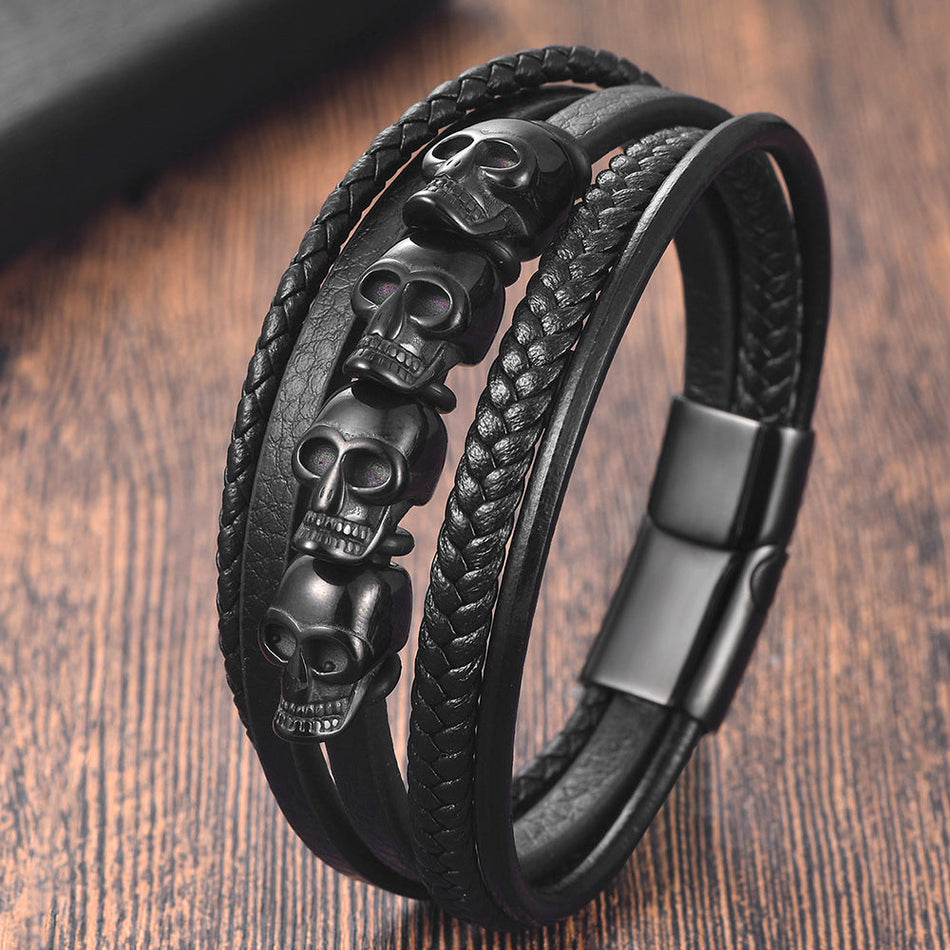 Men's Premium Multi-Layer Skull Woven Cowhide Leather & Stainless