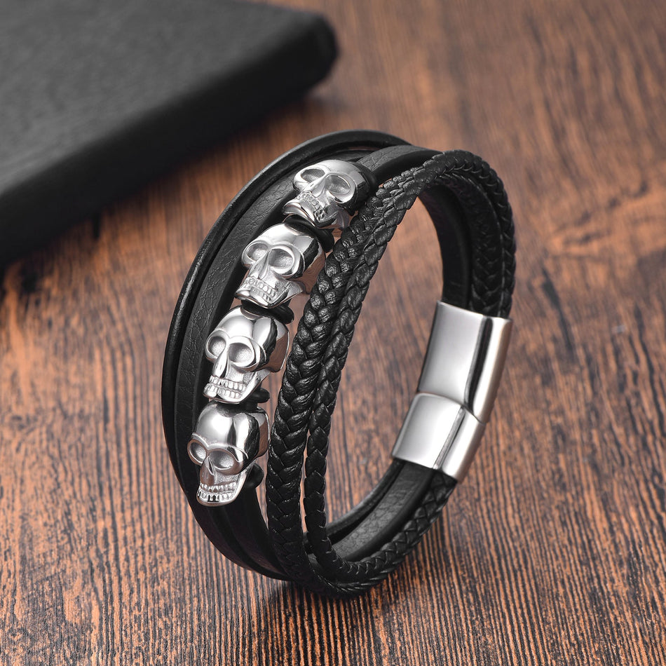 Men's Premium Multi-Layer Skull Woven Cowhide Leather & Stainless