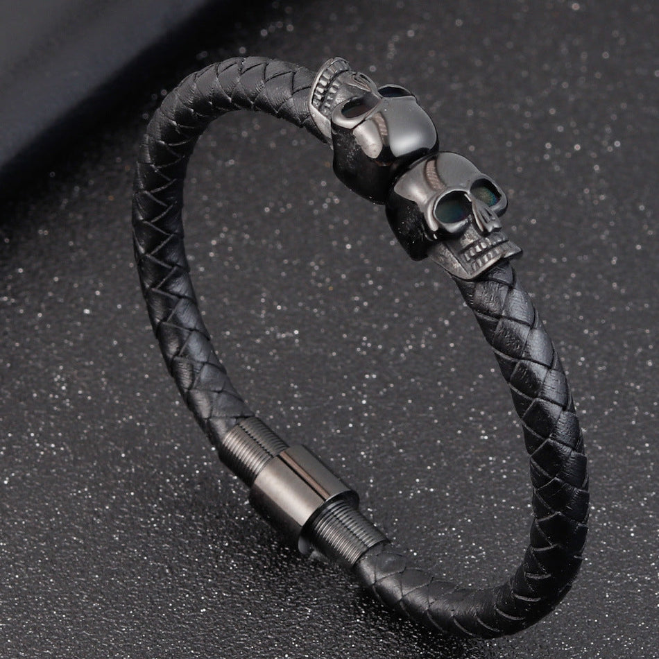 Men's Premium Simple Skull Woven Leather & Stainless Steel