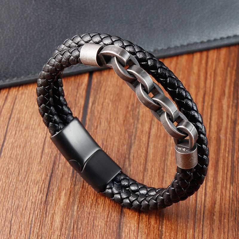 Men's Premium Handmade 316L Stainless Steel & Black Leather Chain
