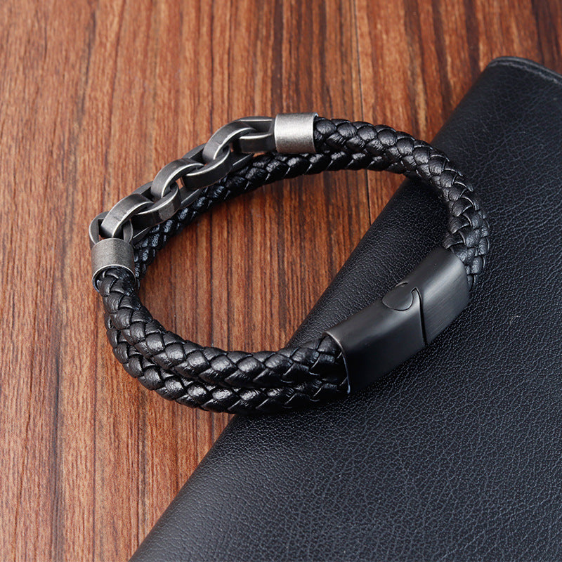 Men's Premium Handmade 316L Stainless Steel & Black Leather Chain