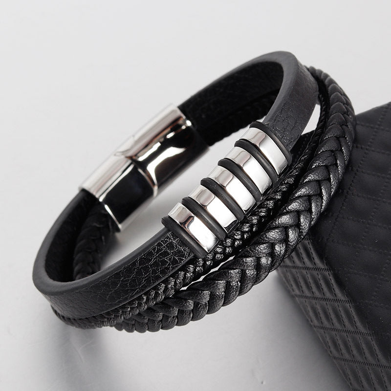 Men's Premium Vintage Multi-Layer Woven Leather & Stainless Steel