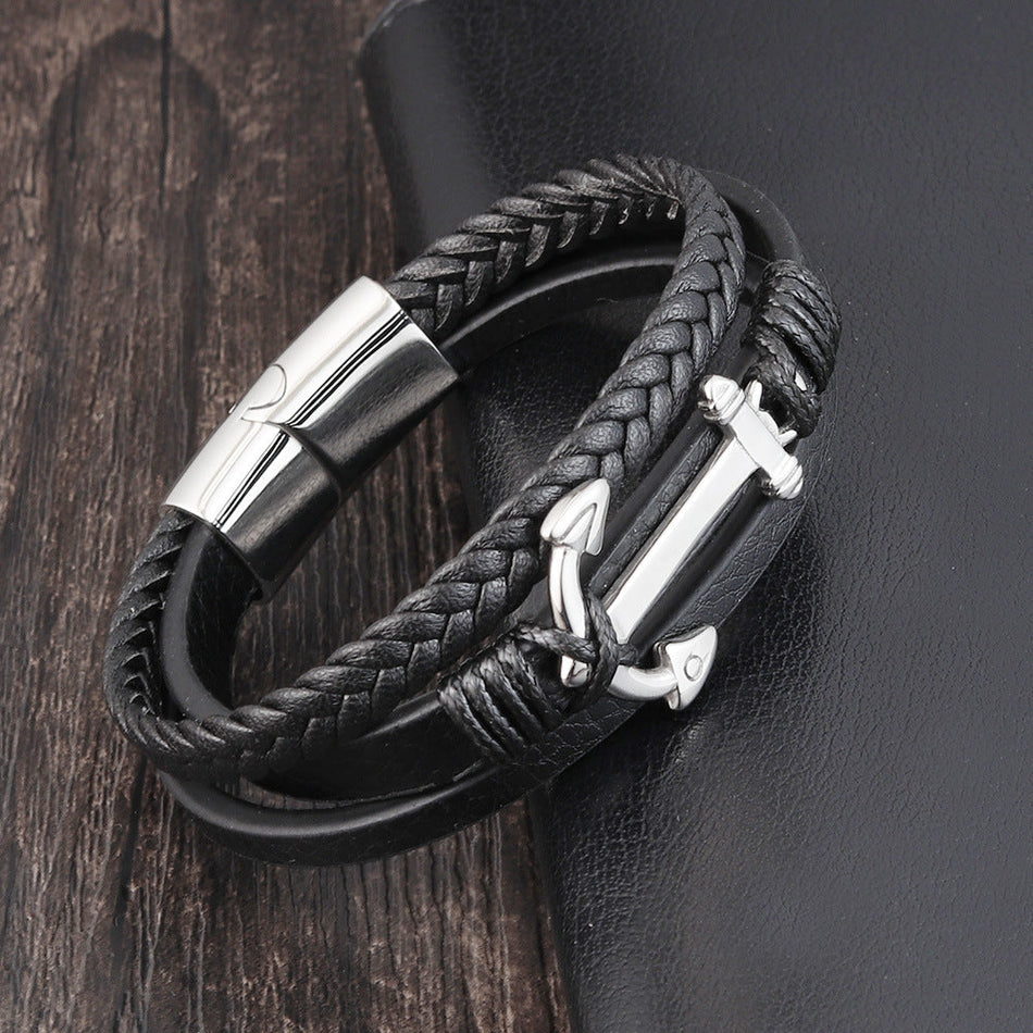 Men's Premium Multi-Layer Anchor Woven Leather & Stainless Steel