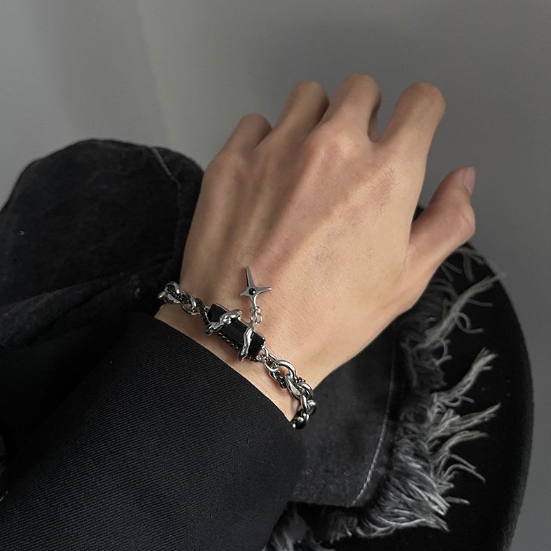 Unisex Premium Titanium Steel Black Diamond Star Winding Bracelet
