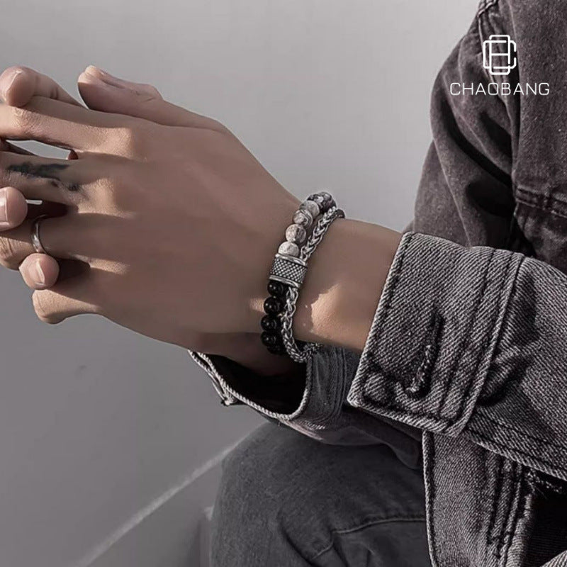 Men's Premium Obsidian & Lucky Transfer Bead Handstring Bracelet