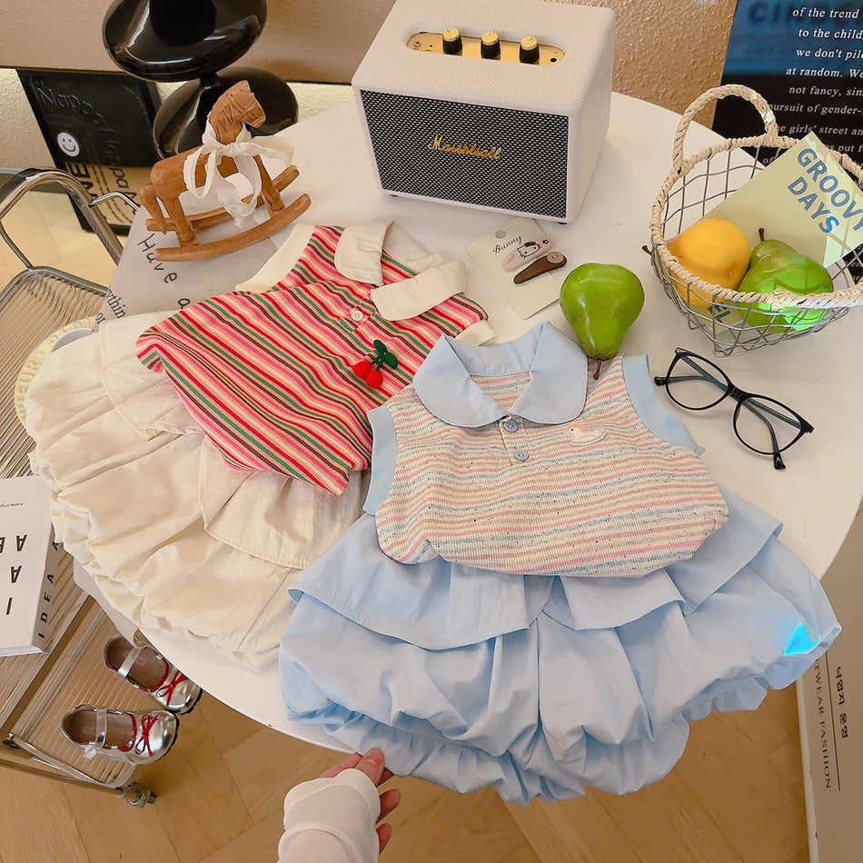 Girls’ Polo Collar Color-Block Striped Vest Set Korean Style
