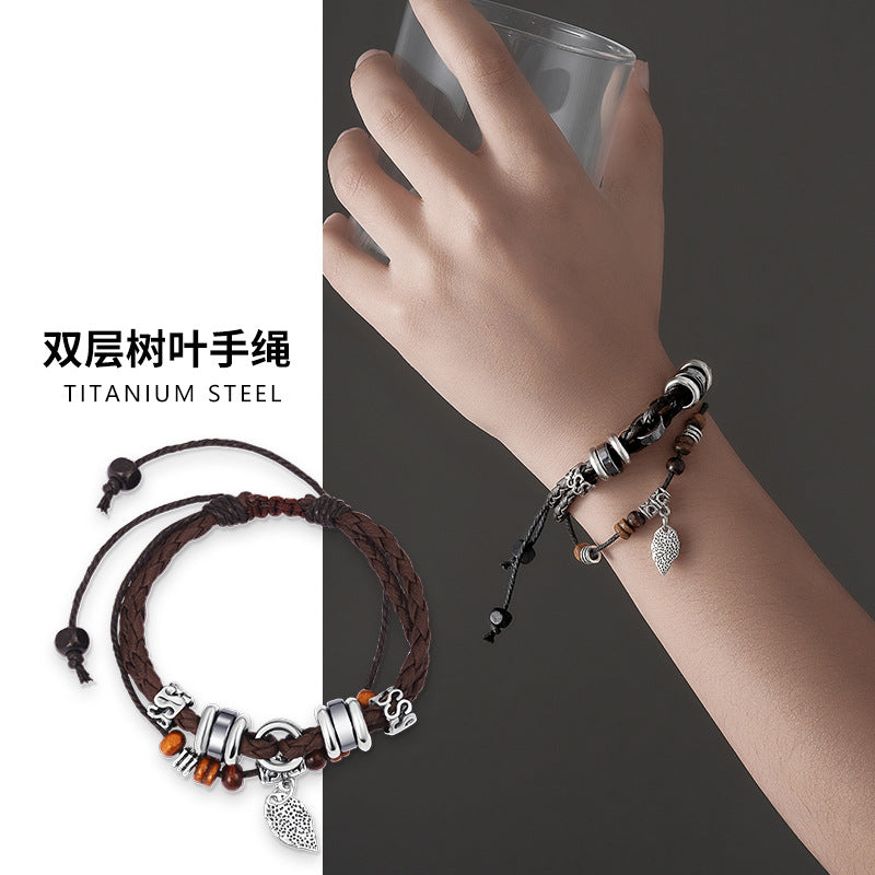 Unisex Premium Multi-Layer Hand-Woven Leather Tree Leaf Retro