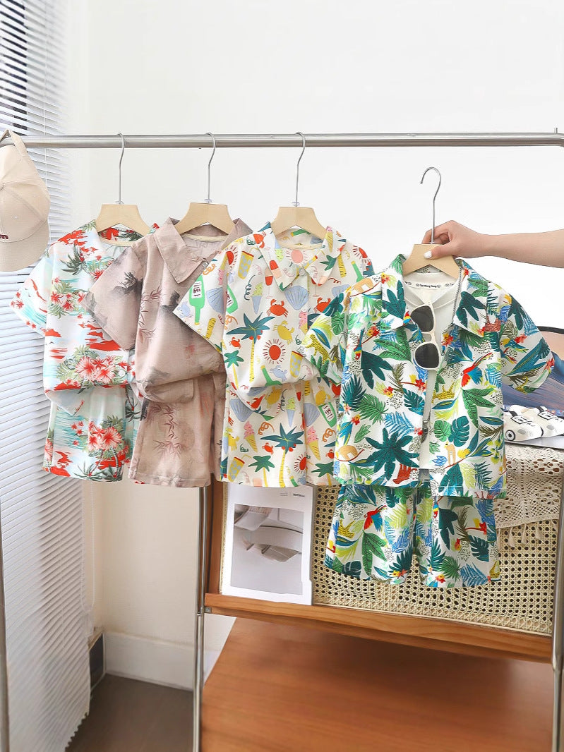 Boys’ Printed Lapel Shirt & Shorts Set Summer Beach Holiday