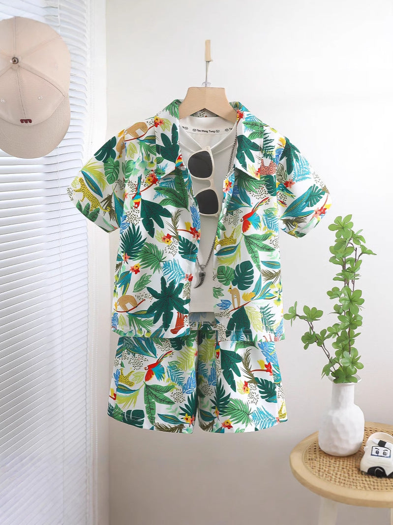 Boys’ Printed Lapel Shirt & Shorts Set Summer Beach Holiday