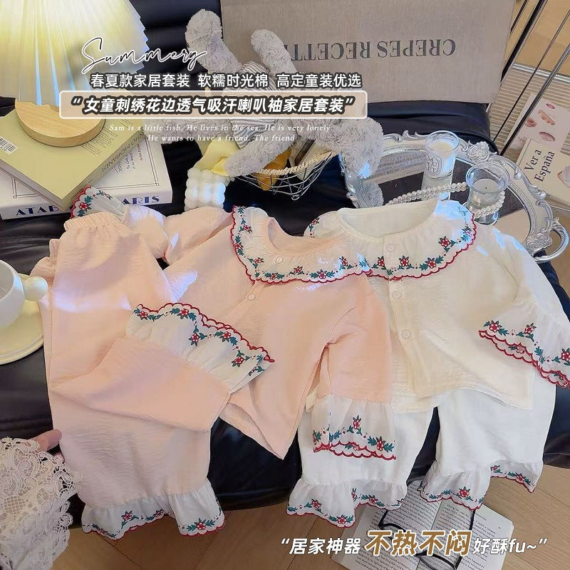 Girls Embroidered Bell Sleeve Homewear Set Spring Summer