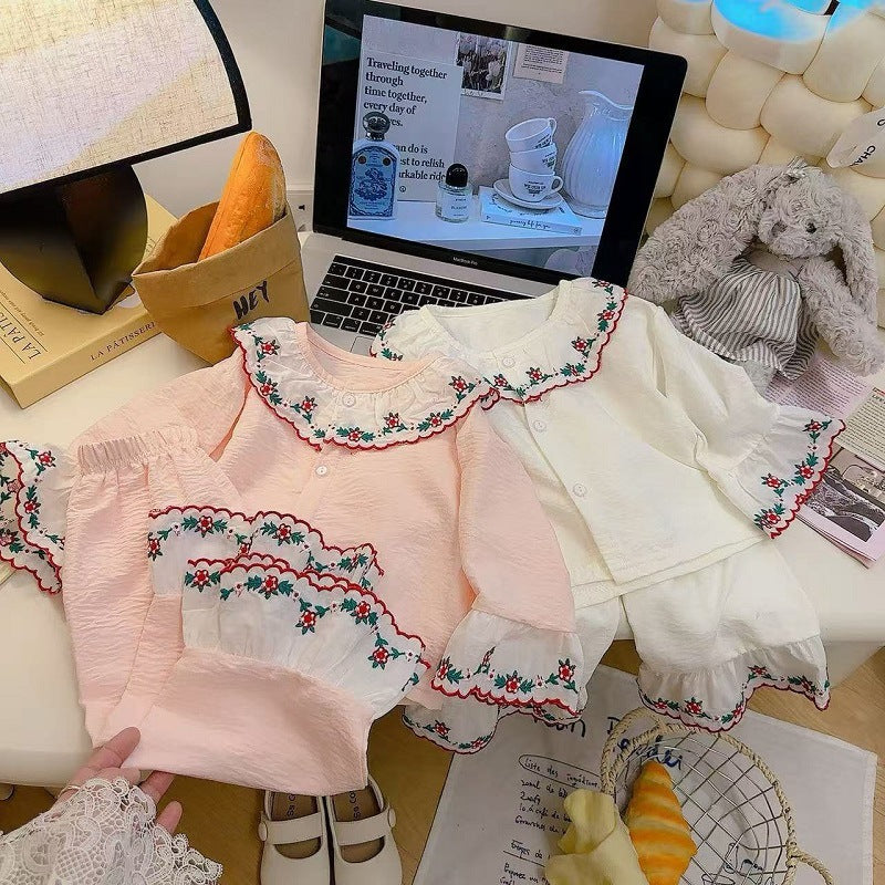 Girls Embroidered Bell Sleeve Homewear Set Spring Summer