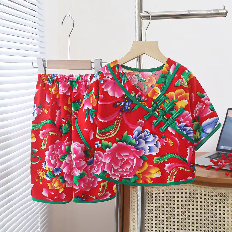 Girls’ Cotton Silk Pajama Set National Style Summer Two-Piece