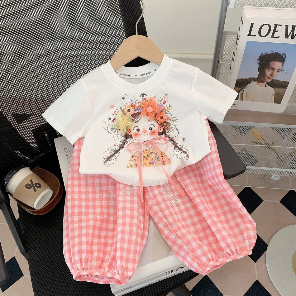 Girls’ Sweet T-Shirt & Plaid Anti-Mosquito Pants Summer Casual