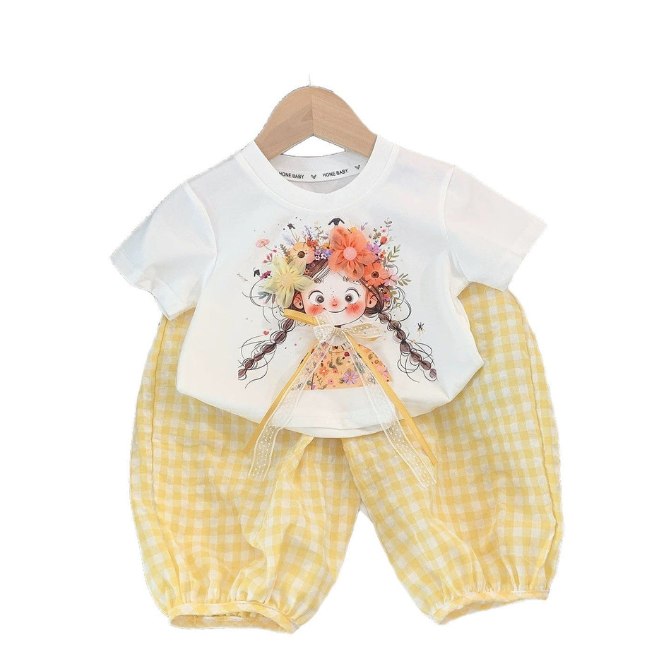 Girls’ Sweet T-Shirt & Plaid Anti-Mosquito Pants Summer Casual