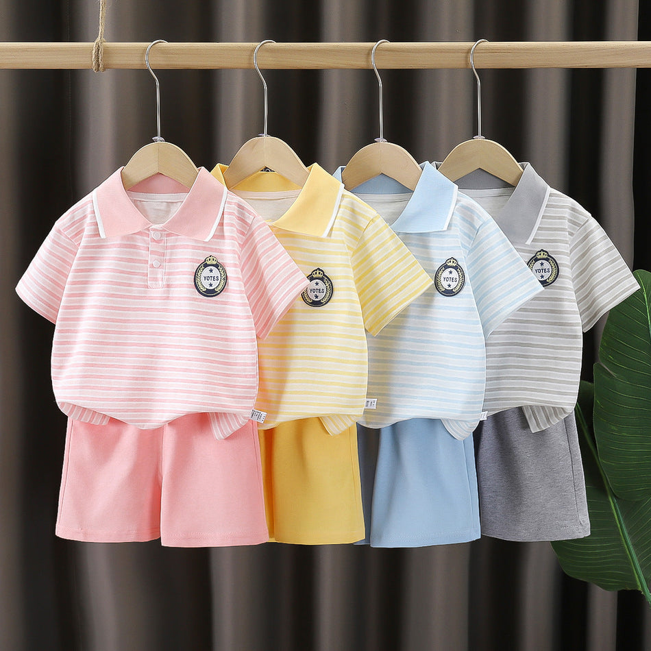 Boys Preppy Style Striped Short Sleeve Set Collar Shirt & Shorts