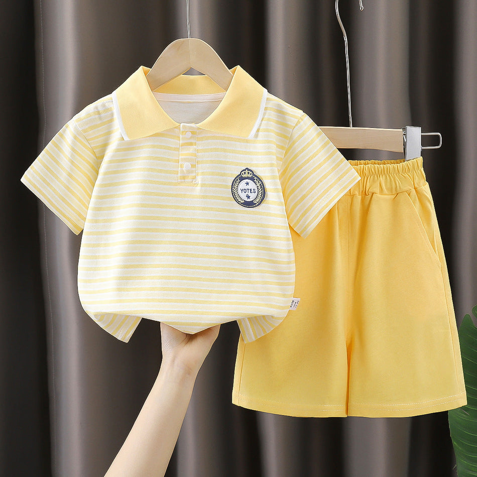 Boys Preppy Style Striped Short Sleeve Set Collar Shirt & Shorts