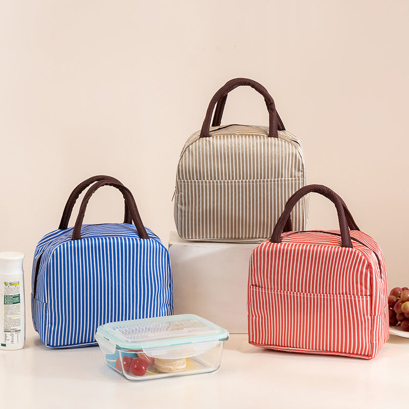 Black Portable Striped Insulated Lunch Bag with Aluminum Foil Lining