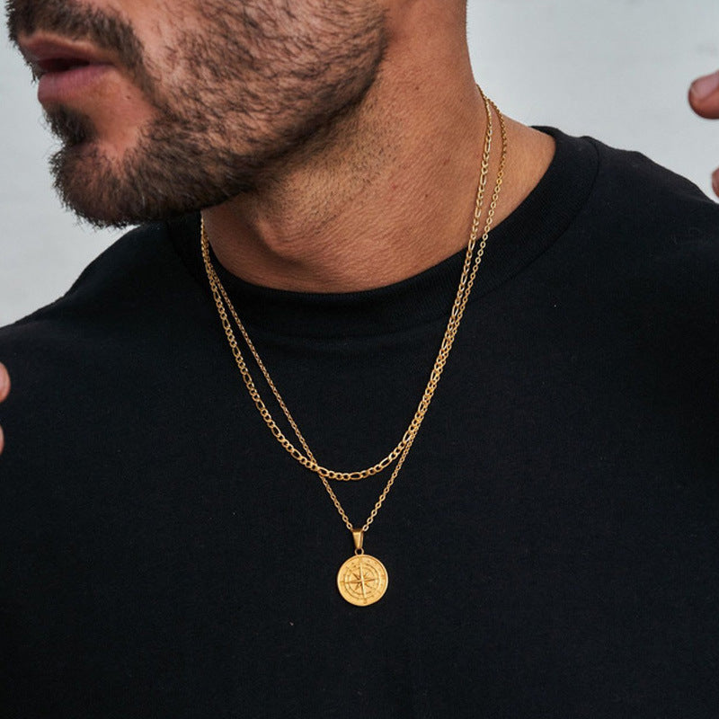 Men's Titanium Double Layer Compass Pendant Necklace