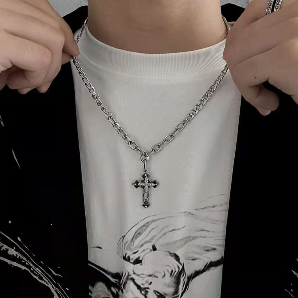 Titanium Steel Diamond-Encrusted Cross Pendant Necklace