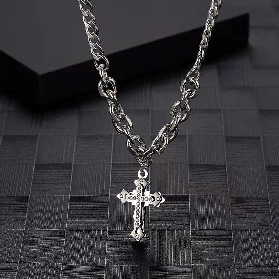 Titanium Steel Diamond-Encrusted Cross Pendant Necklace