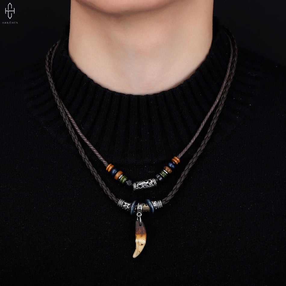 Men's Titanium Double Layer Wolf Tooth Pendant Necklace