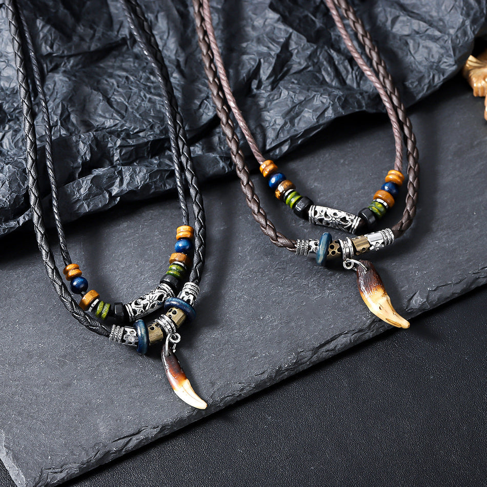 Men's Titanium Double Layer Wolf Tooth Pendant Necklace