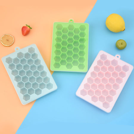 Blue Silicone Honeycomb Ice Tray with Lid 33-Compartment Food-Grade Mold