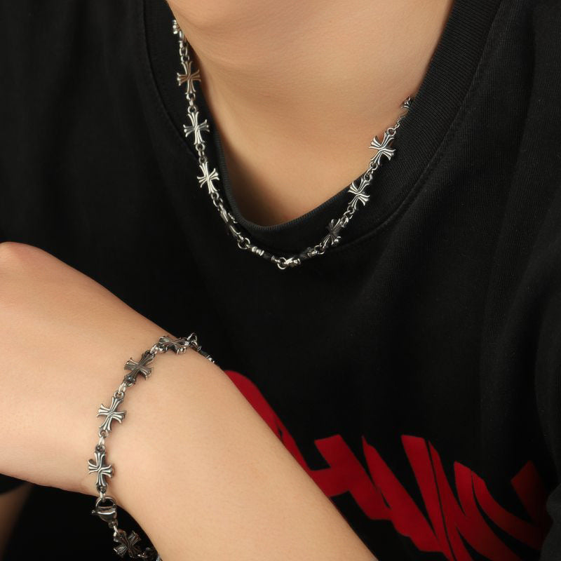 Unisex Titanium Steel Cross Pendant Necklace & Bracelet