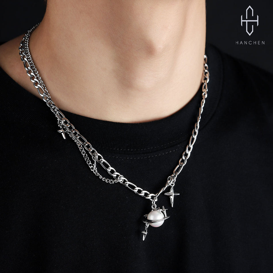 Titanium Steel Pearl Planet Starburst Necklace for Men and Women