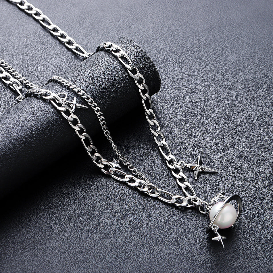 Titanium Steel Pearl Planet Starburst Necklace for Men and Women