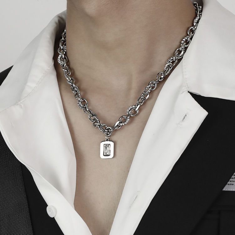 Men's Titanium Double Layer Square Zircon Necklace