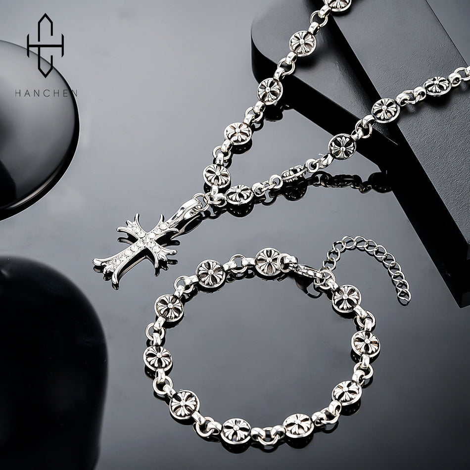 Unisex Titanium Steel Cross Pendant Necklace & Bracelet