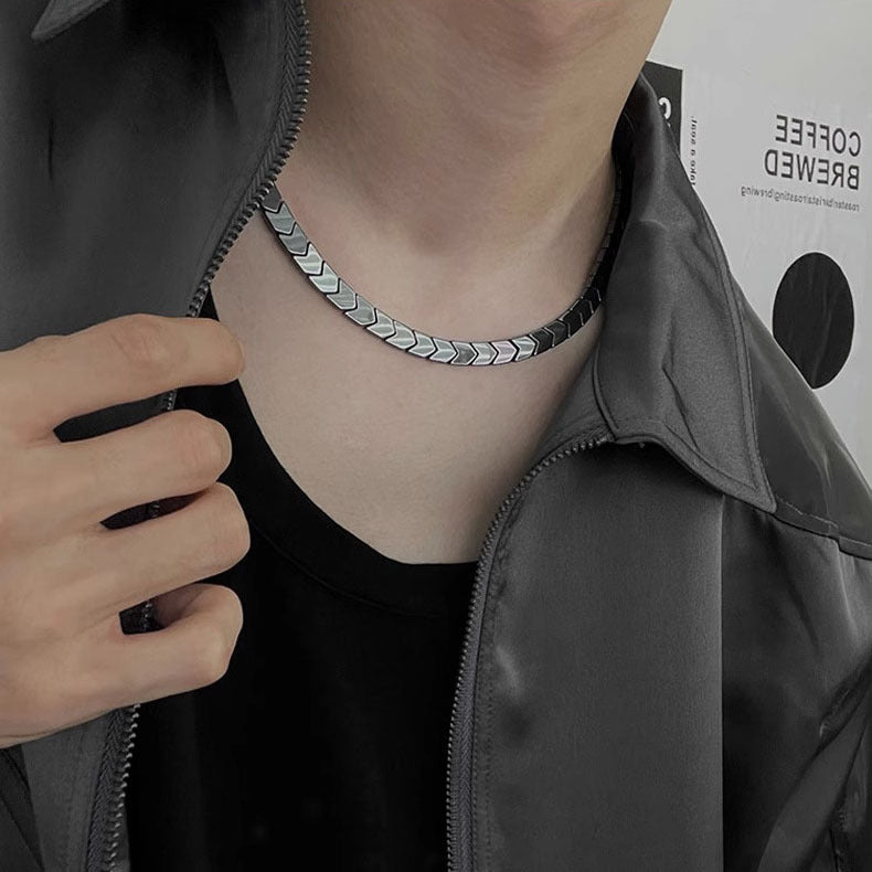 Men's Titanium Steel Black Gallstone Triangle Necklace