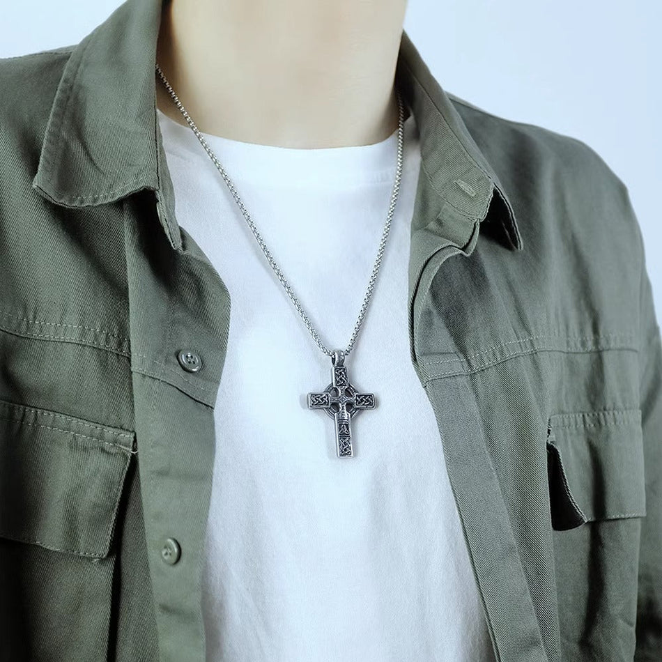 Men's Titanium Retro Hollow Cross Pendant Necklace