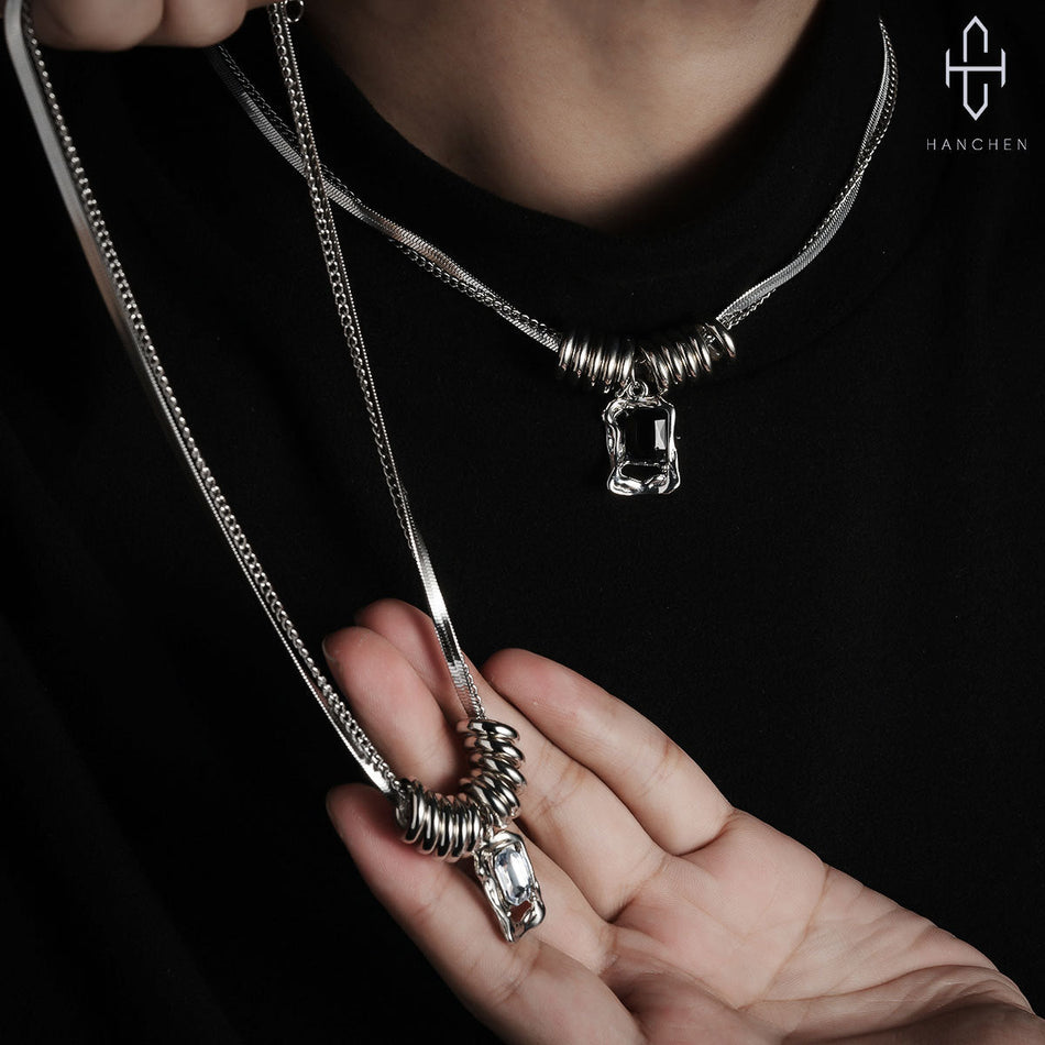 Men's Titanium Steel Double-Layer Hao Shi Ring Tassel Necklace