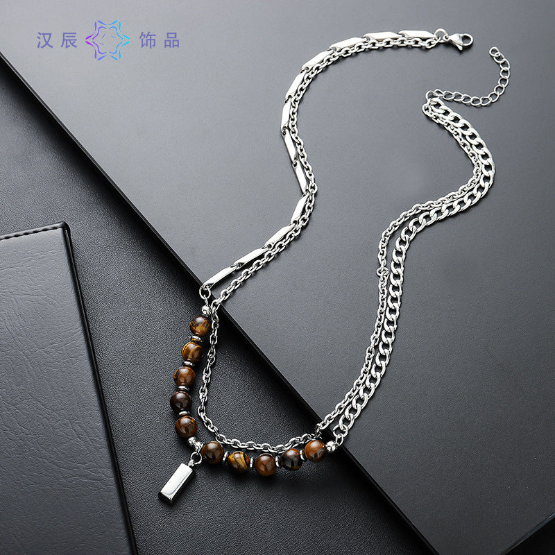 Men's Titanium Tiger's Eye Small Square Brick Pendant Necklace