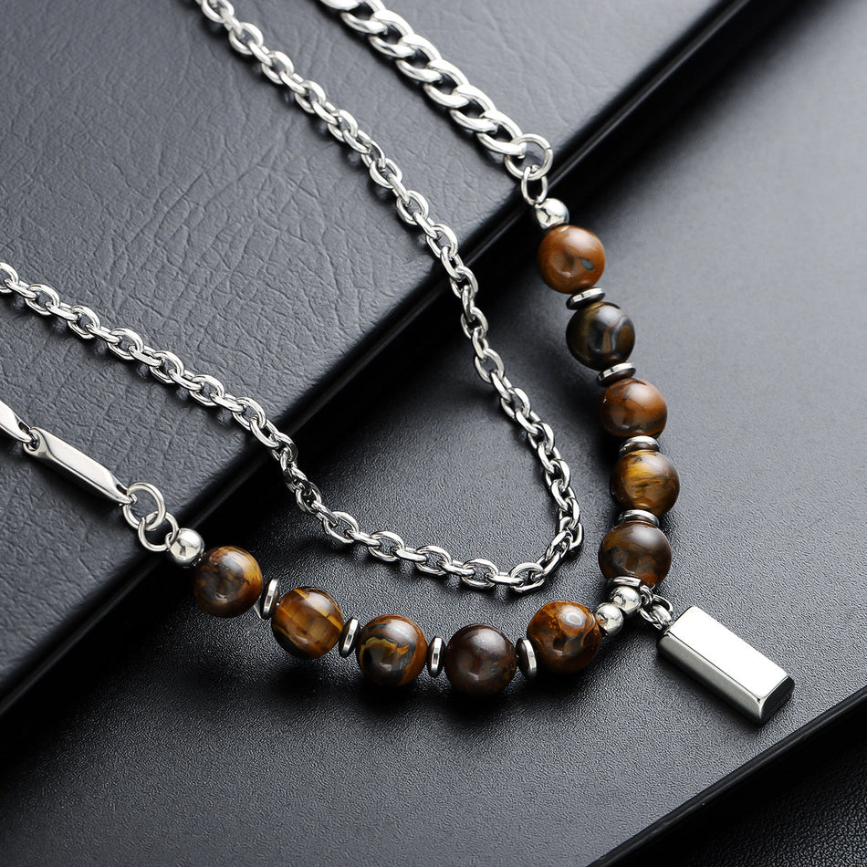Men's Titanium Tiger's Eye Small Square Brick Pendant Necklace