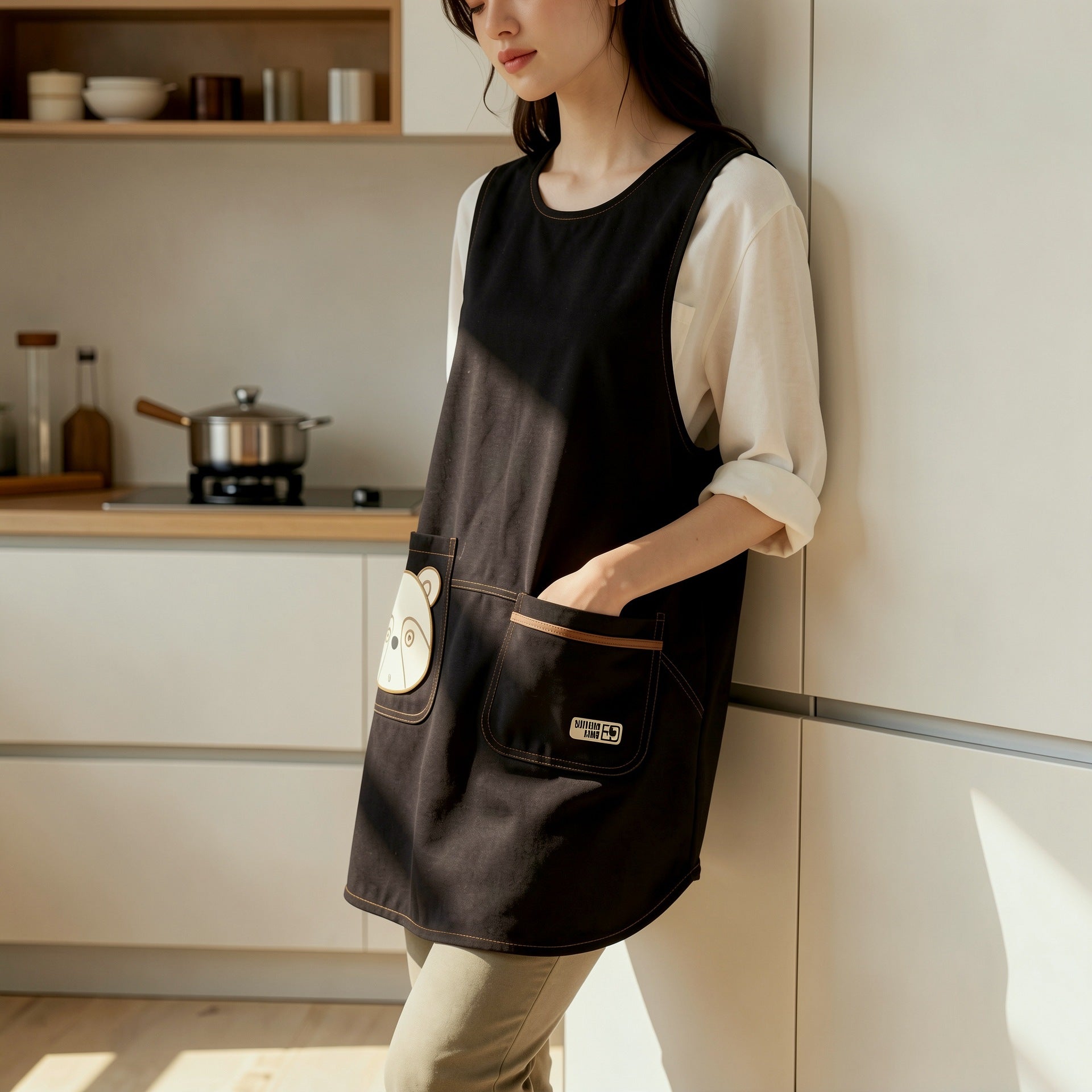 Black Waterproof Long Sleeve Kitchen Apron with Pockets Anti-Oil Smock