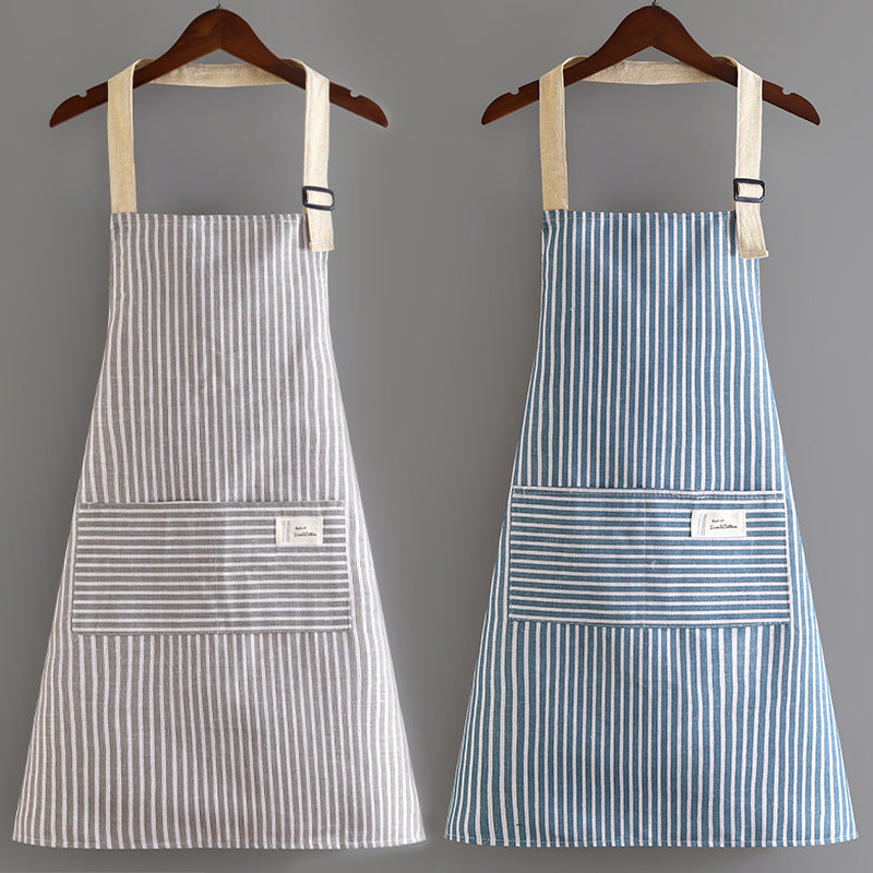 Blue Cotton Linen Striped Kitchen Apron Japanese Style Anti-Fouling