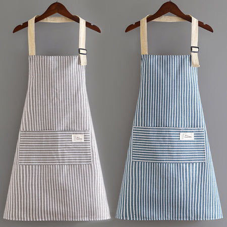 Blue Cotton Linen Striped Kitchen Apron Japanese Style Anti-Fouling