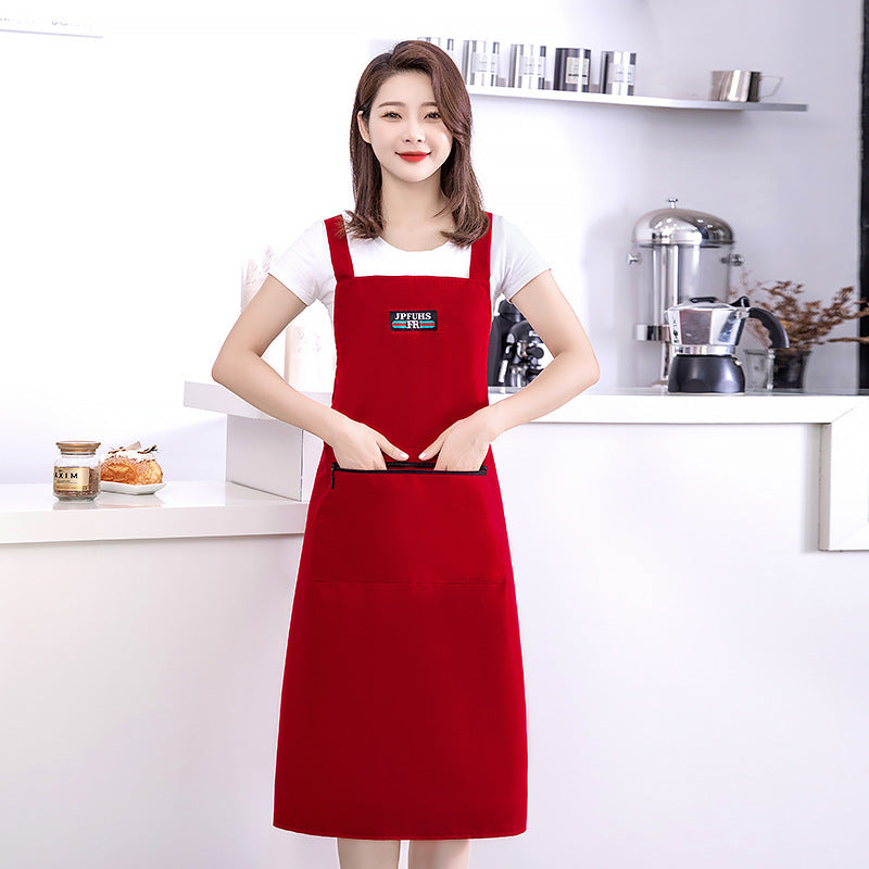 Red Waterproof PVC Kitchen Apron with Zipper Pocket Solid Color