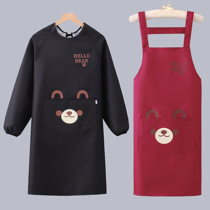 Red Cartoon Waterproof Long Sleeve Kitchen Apron Cute Bear Anti-Fouling