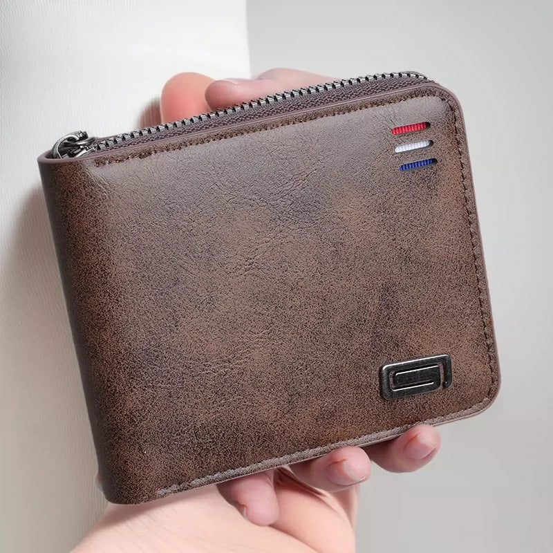 Men's Pure Color Short Tri-Fold Wallet & Student Zipper Coin